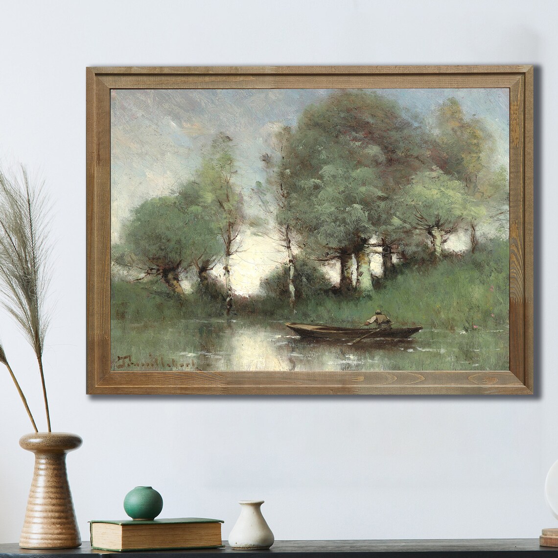 Vintage Oil Painting River Rower Wooden Boat Calm Water Art Poster - Image 3
