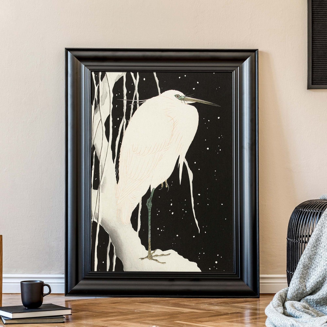 Ohara Koson White Heron Standing In Snow Black Background Poster - Image 3