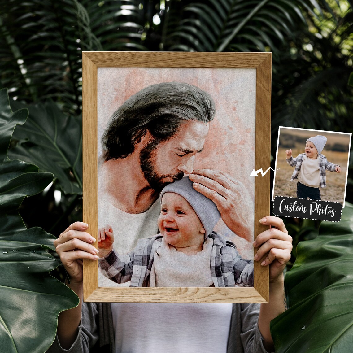 Jesus Kissing a Smiling Girl Soft Blush Watercolor Personalized Poster - Image 2