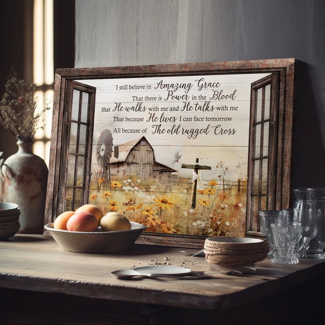 Farmhouse Window Amazing Grace Barn Cross Sunflower Field Wall Art - Image 3
