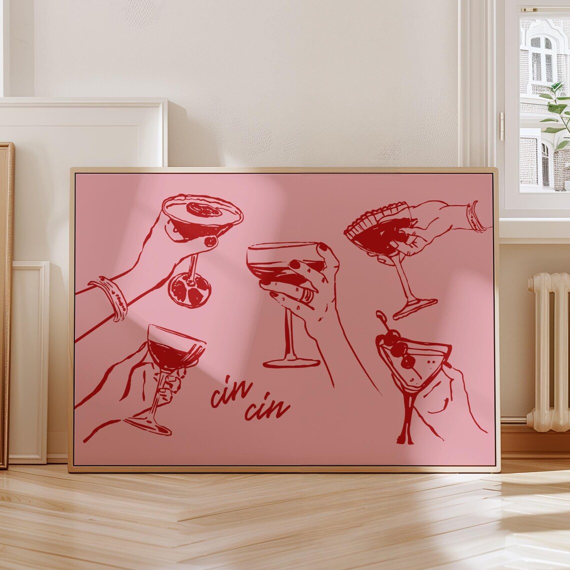 Cin Cin Pink Red Cocktail Hands Cheers Home Bar Decor Art Poster