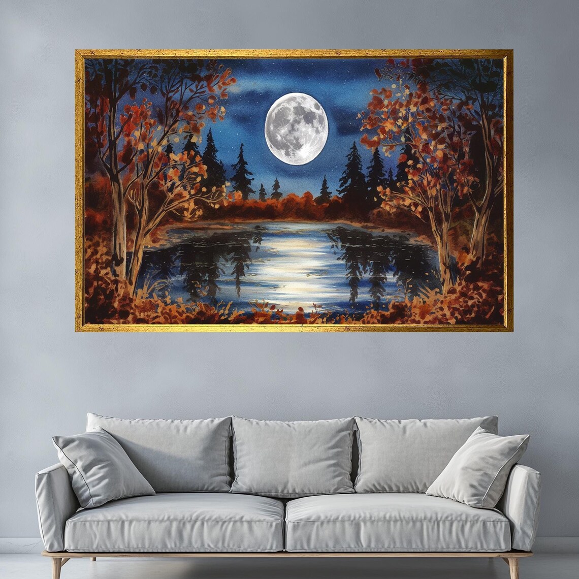 Full Moon Autumn Night Lake Watercolor Forest Landscape Wall Poster