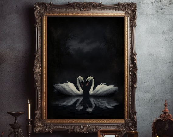 Dark Moody Swans Poster Academia Print Whimsigoth Poster Gothic Gifts Atmospheric Wall Art Dark Cottagecore Painting Gothic Print
