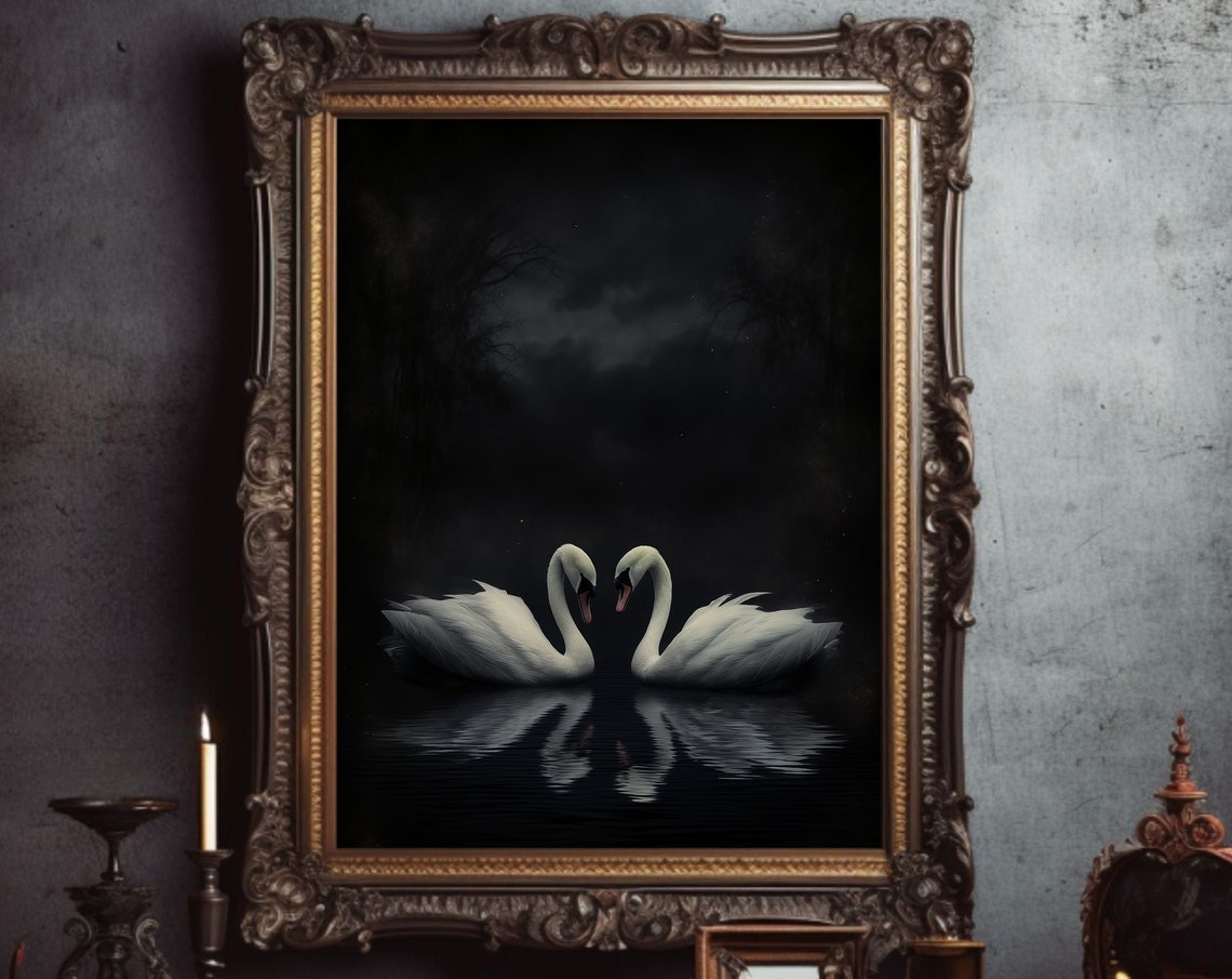 Two White Swans Dark Lake Night Reflection Romantic Oil Poster
