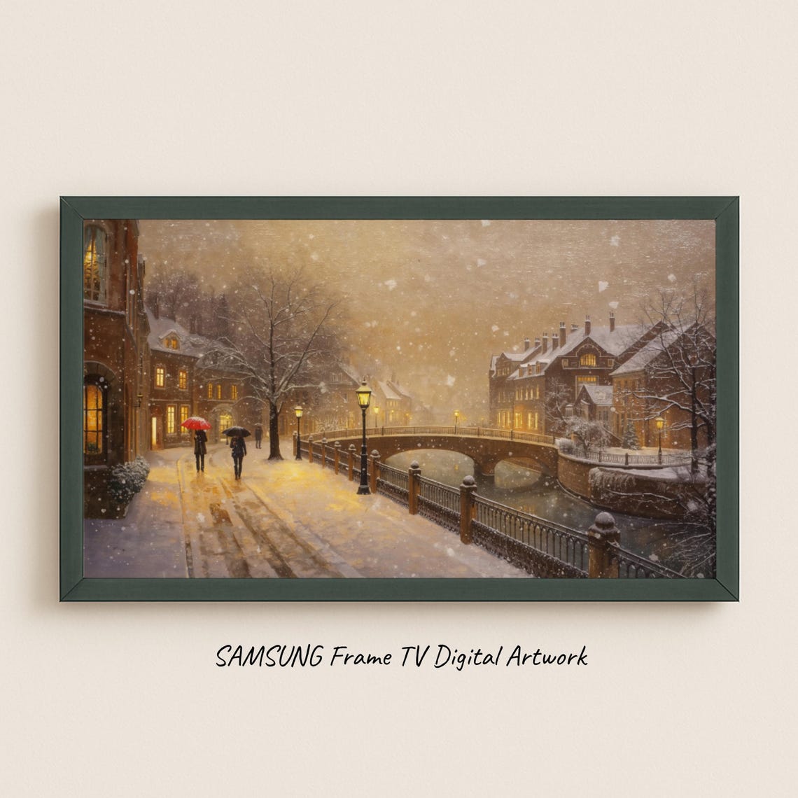 Winter Lights Old Town Canal Bridge Evening Snowfall Scene Poster