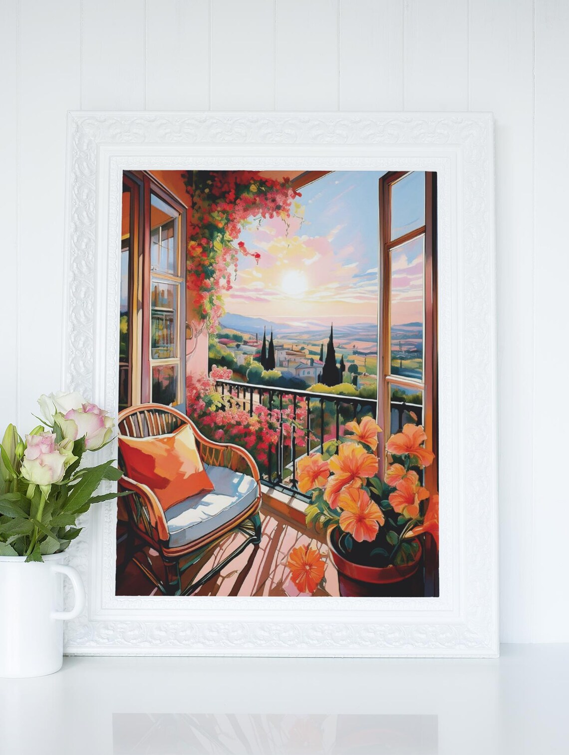Golden Sunset Balcony View Over Mediterranean Hillside Art Poster - Image 3