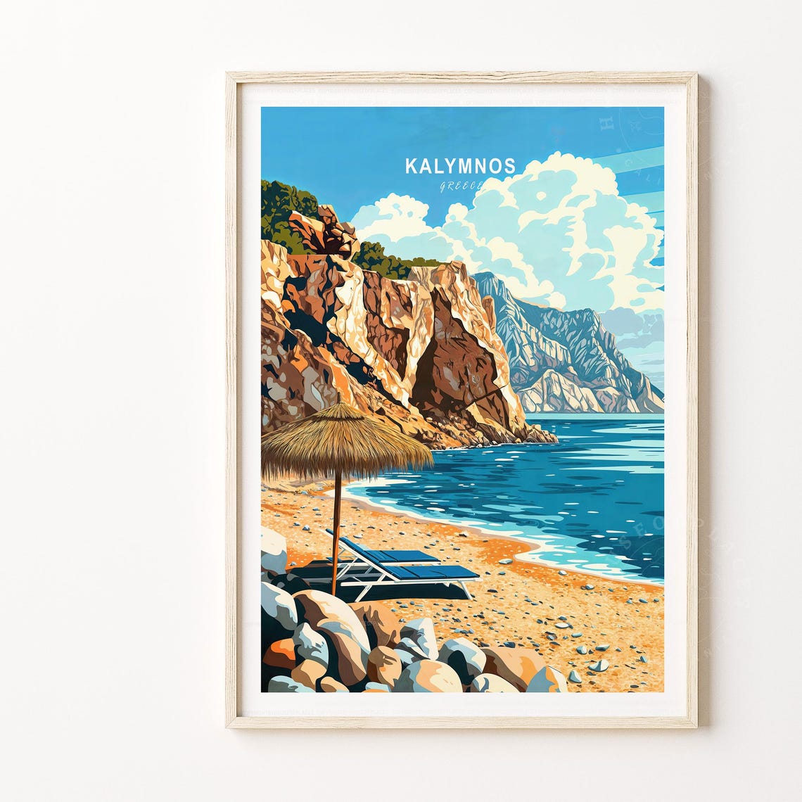 Kalymnos Greece Beach Cliffs Sun Lounger Island Travel Poster