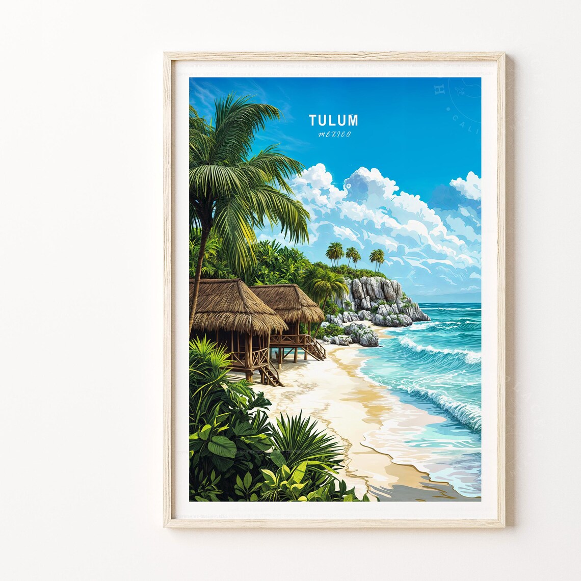 Tulum Mexico White Sand Beach Thatched Huts Palm Travel Poster