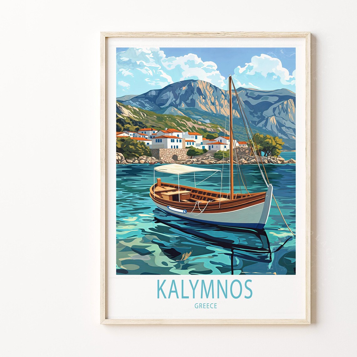 Kalymnos Greece Fishing Boat Harbor White Village Travel Poster