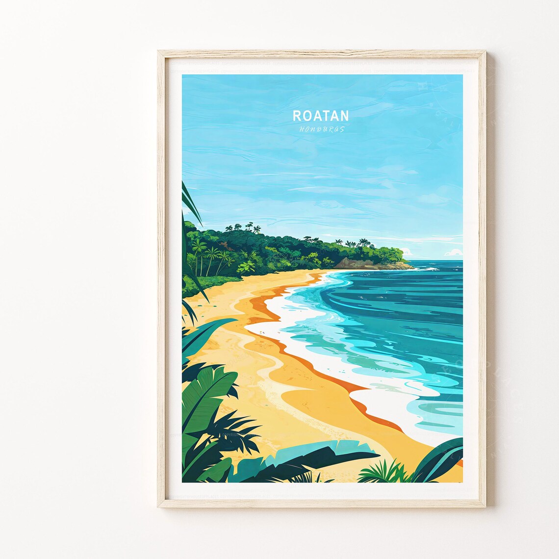 Roatan Honduras Minimalist Beach Turquoise Waves Jungle Coast Poster