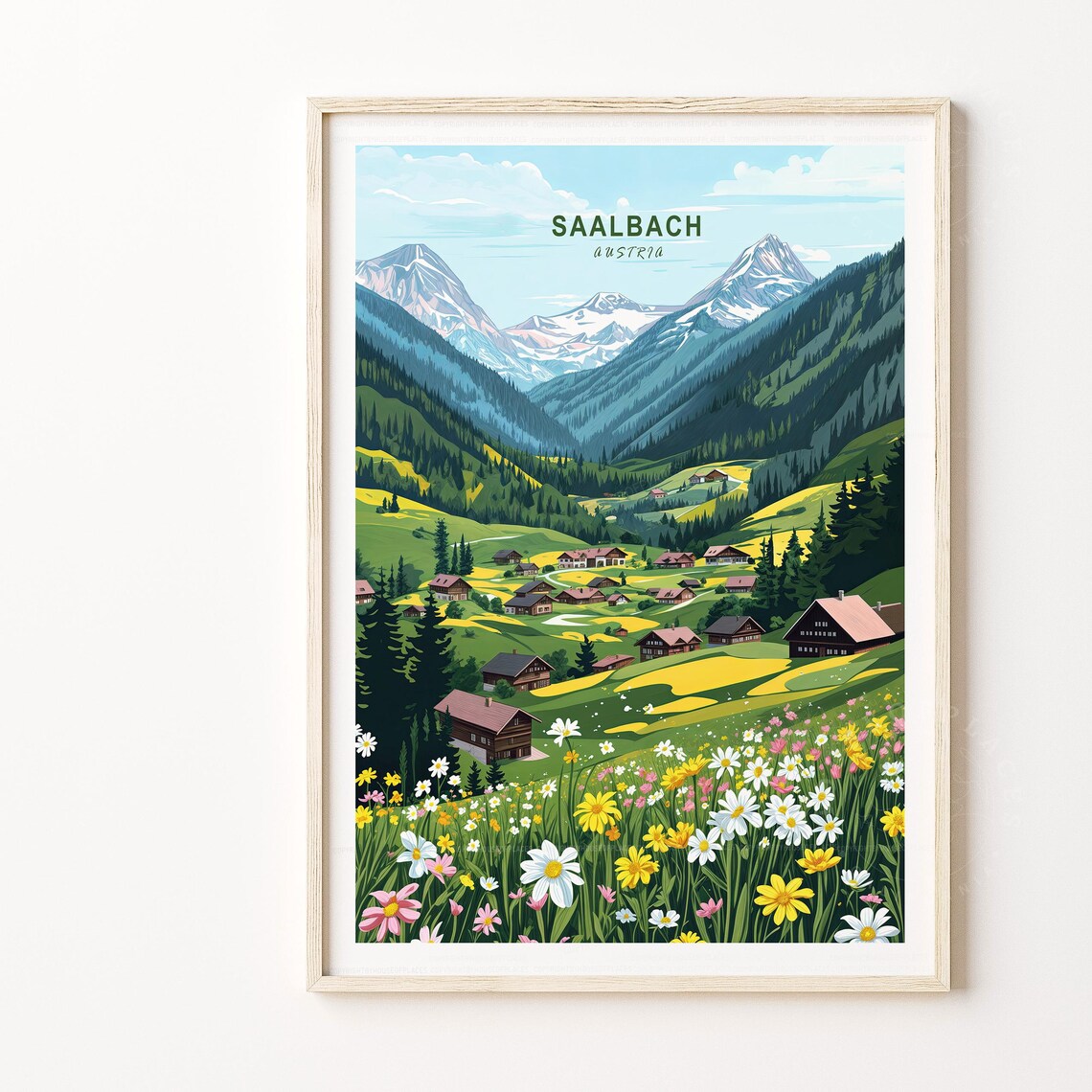 Saalbach Austria Vintage Chalet Flower Valley Mountain Travel Poster