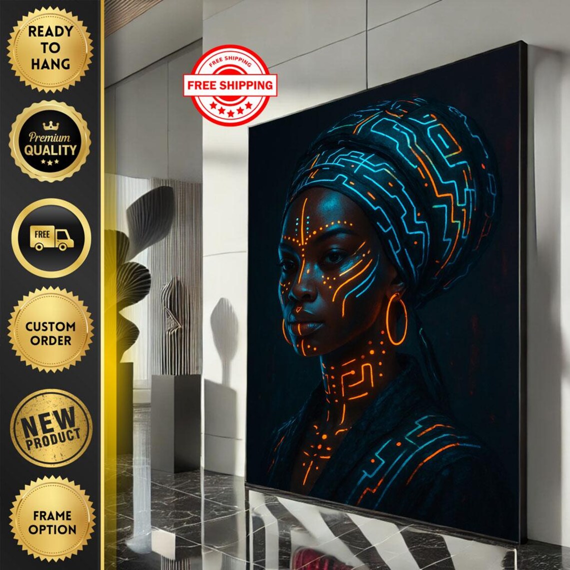 Neon Glow African Woman Futuristic Digital Art Portrait Poster
