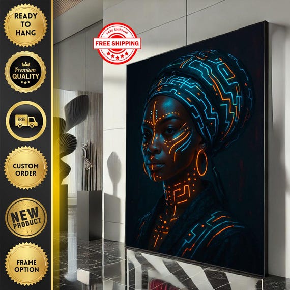 Bold African Woman Portrait Canvas Wall Art Print Futuristic Living Room Decor Statement Piece