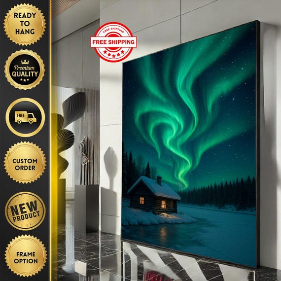 Northern Lights Cabin Canvas Wall Art Print Serene Landscape Living Room Decor Ready To Hang Artwork For Nature Lovers