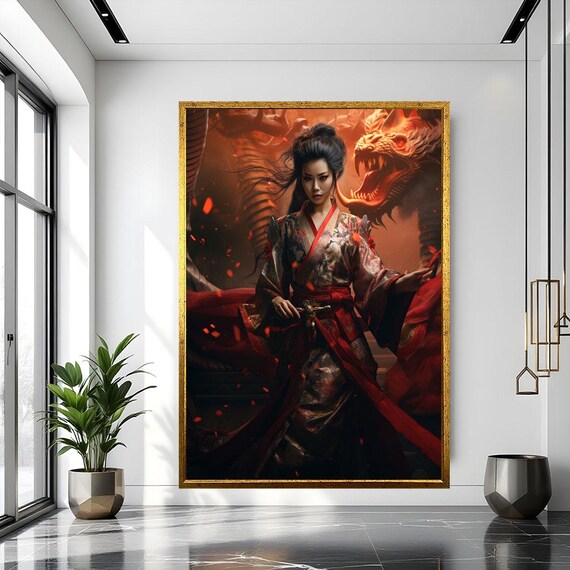 Fierce Asian Woman With Dragon Canvas Wall Art Print Bold Modern Living Room Decor Ready To Hang