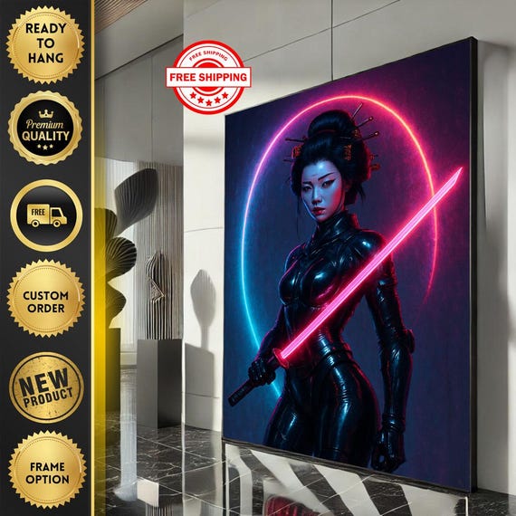 Futuristic Samurai Woman Canvas Wall Art Print Neon Scifi Bedroom Decor Ready To Hang