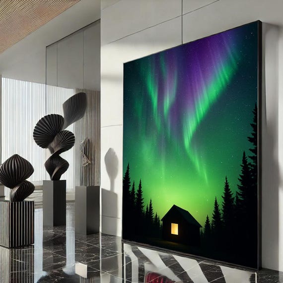 Northern Lights Over Cabin Canvas Wall Art Print Modern Abstract Living Room Decor Ready To Hang Artwork