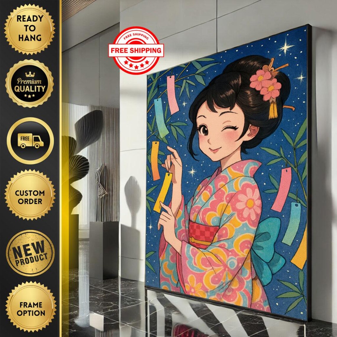 Anime Girl In Floral Kimono Under Starry Tanabata Night Poster