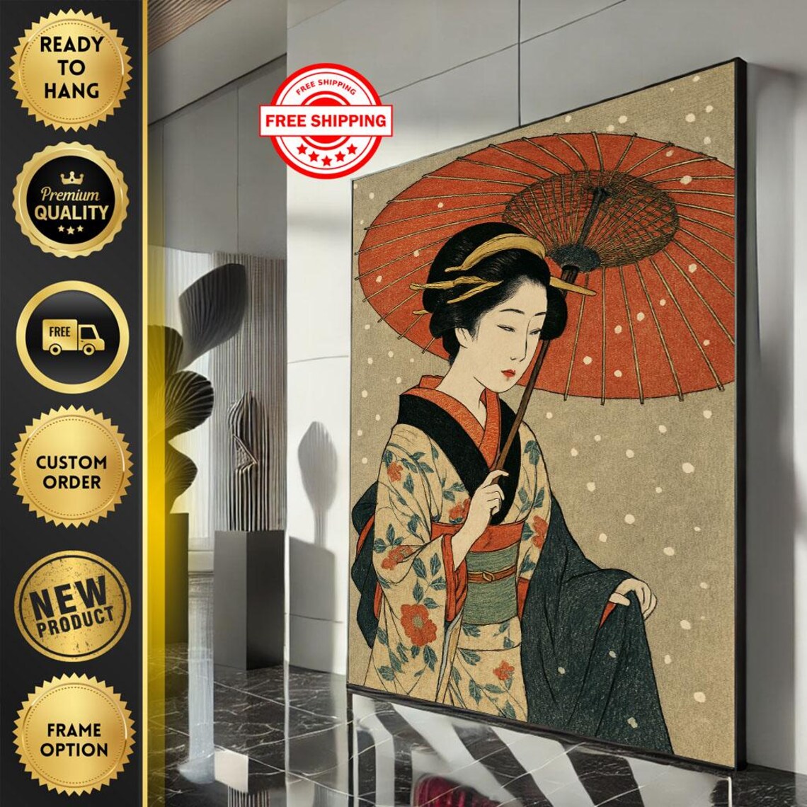 Elegant Geisha Red Umbrella Snow Ukiyo E Japanese Woodblock Poster