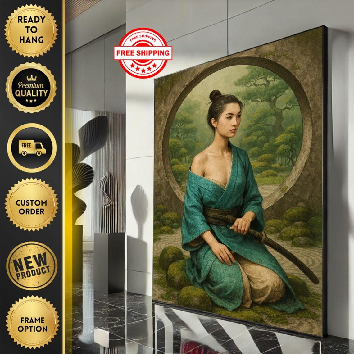 Zen Garden Woman Moss Green Kimono Samurai Peaceful Art Poster