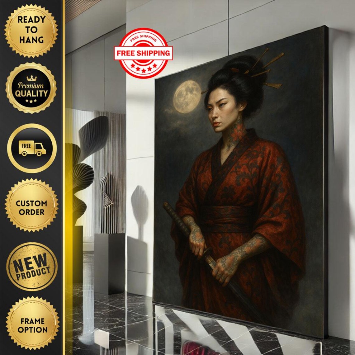 Tattooed Woman Katana Full Moon Japanese Night Warrior Art Poster