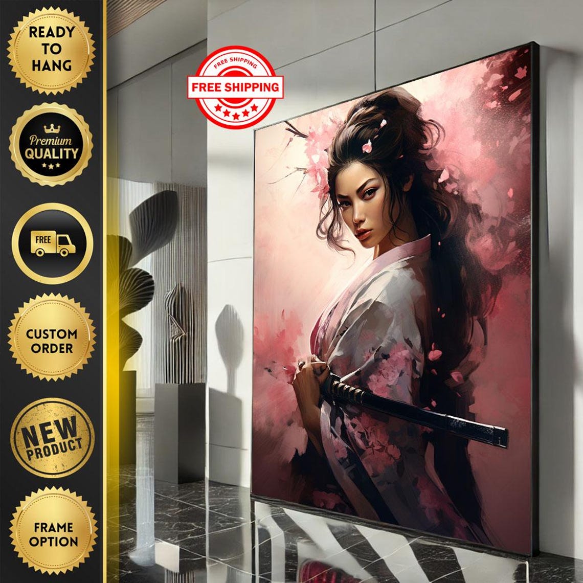 Fierce Samurai Woman Portrait Canvas Wall Art Print Pink And Black Bedroom Decor Ready To Hang Statement Piece