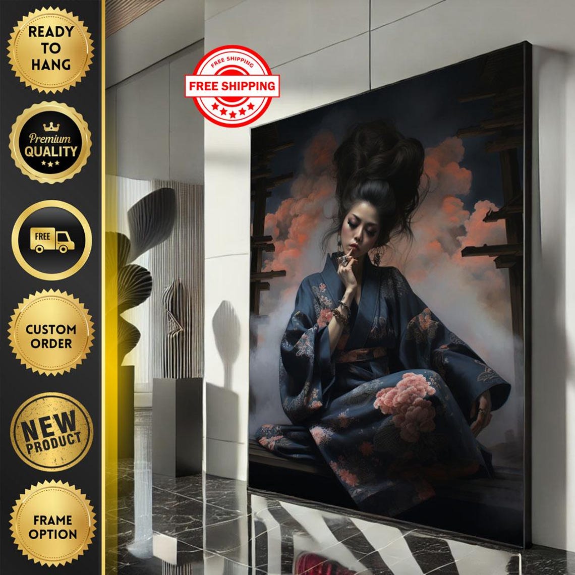 Romantic Geisha Portrait In Blue Floral Kimono Dramatic Sky Poster