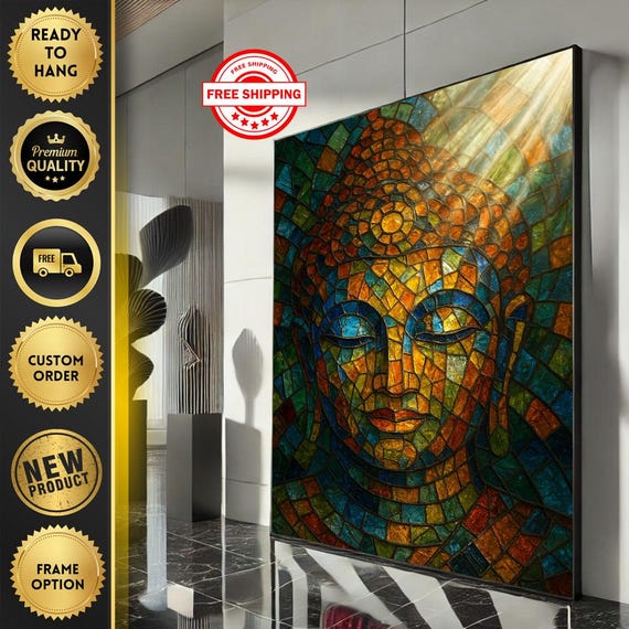 Serene Buddha Mosaic Canvas Wall Art Print Vibrant Living Room Decor Ready To Hang Statement Piece
