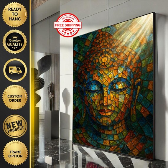 Warm Mosaic Buddha Face Stained Glass Style Spiritual Art Poster