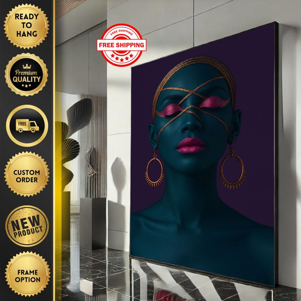 Bold African Woman Portrait Teal Skin Gold Jewelry Art Poster