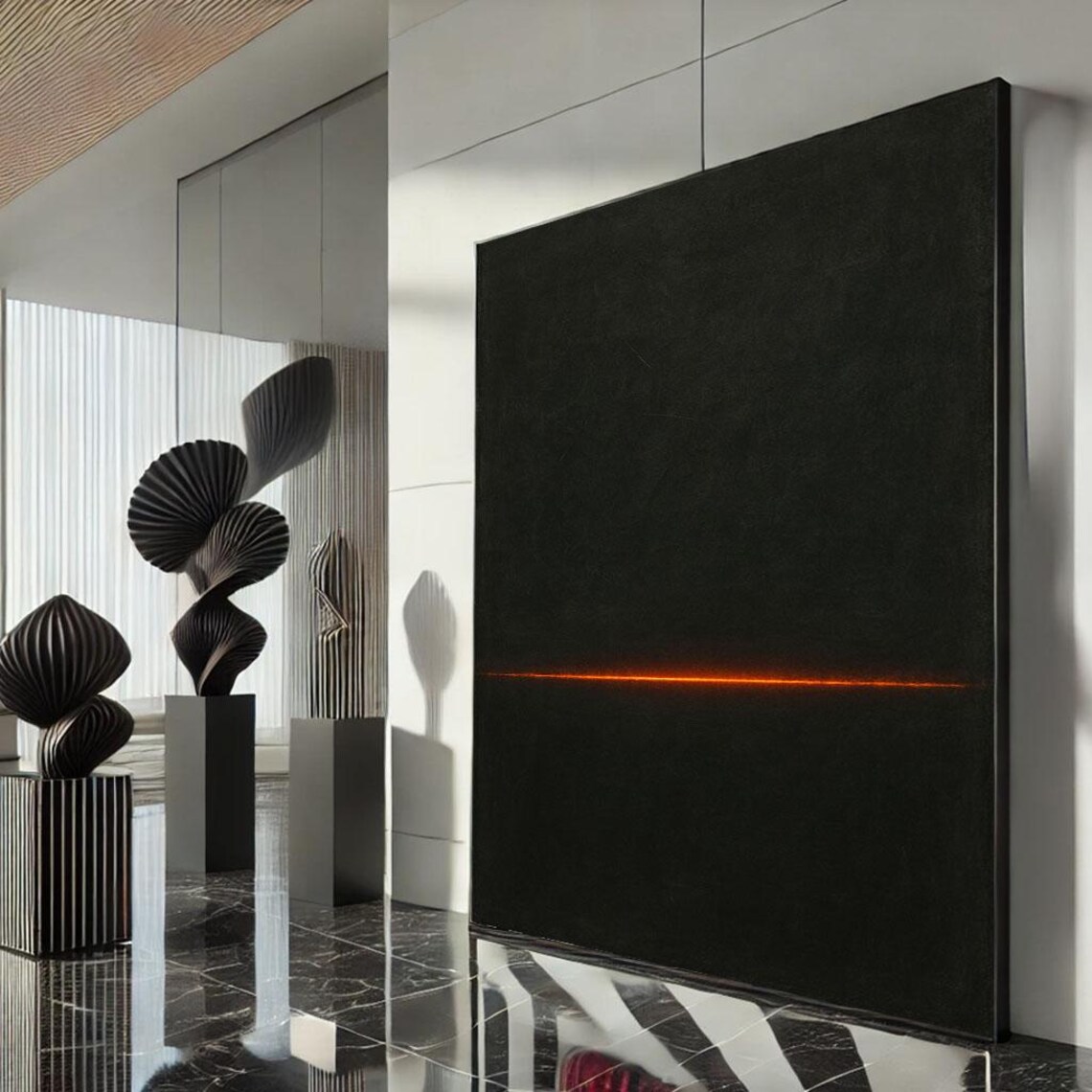 Minimalist Black Canvas Orange Horizon Line Modern Art Poster