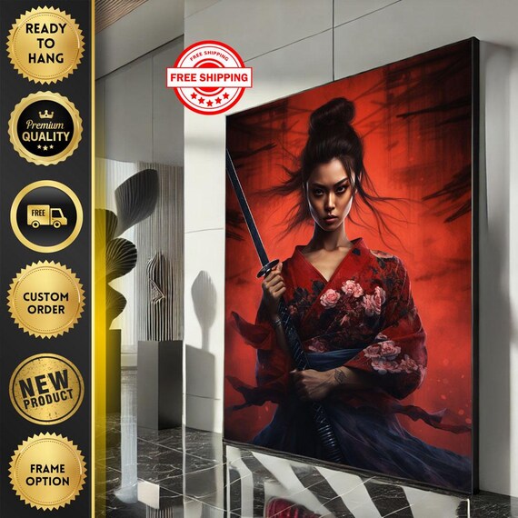 Samurai Woman Katana Red Kimono Portrait Blazing Crimson Japanese Warrior Poster