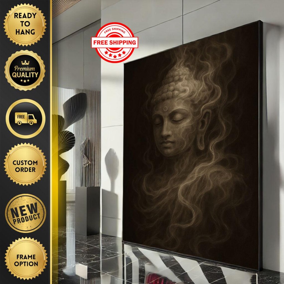 Buddha Face Smoke Incense Dark Mystical Spiritual Portrait Poster