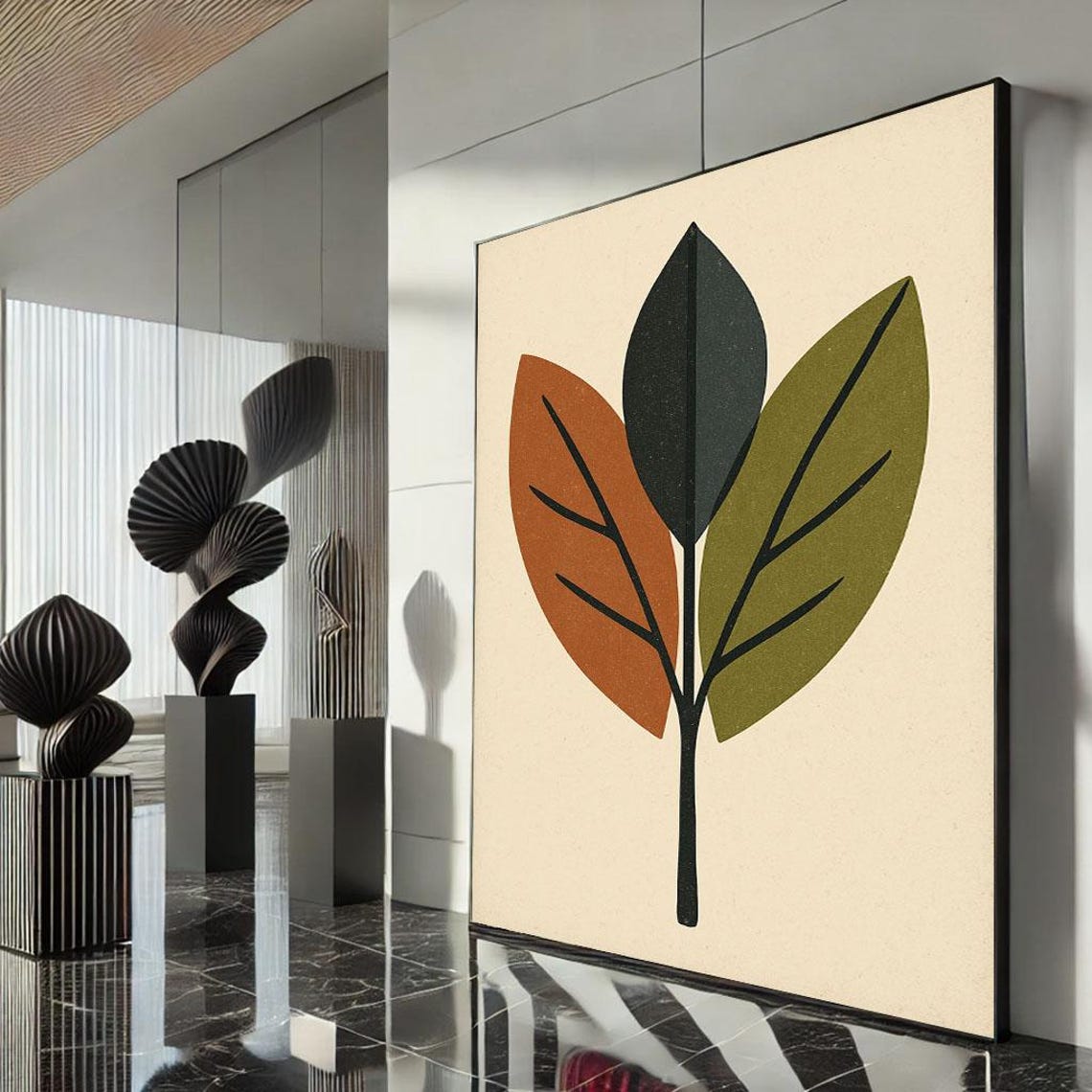 Modern Abstract Leaf Branch in Earthy Tones Botanical Art Poster