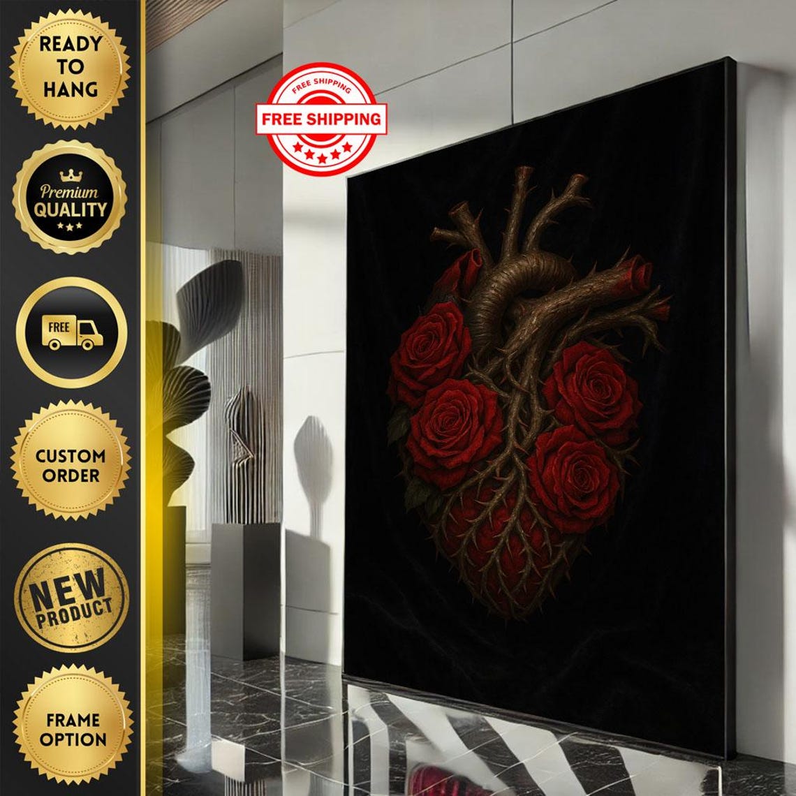 Thorny Anatomical Heart With Red Roses Dark Gothic Art Poster