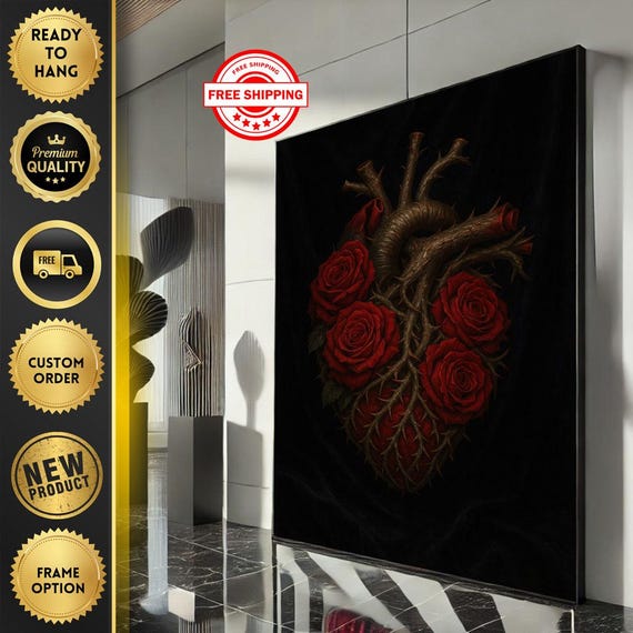 Dark Heart And Roses Canvas Wall Art Print Gothic Living Room Decor Statement Piece