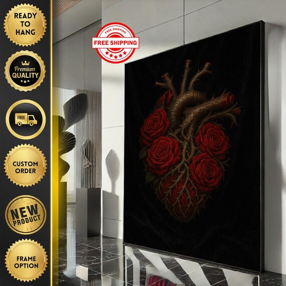 Thorny Anatomical Heart With Red Roses Dark Gothic Art Poster