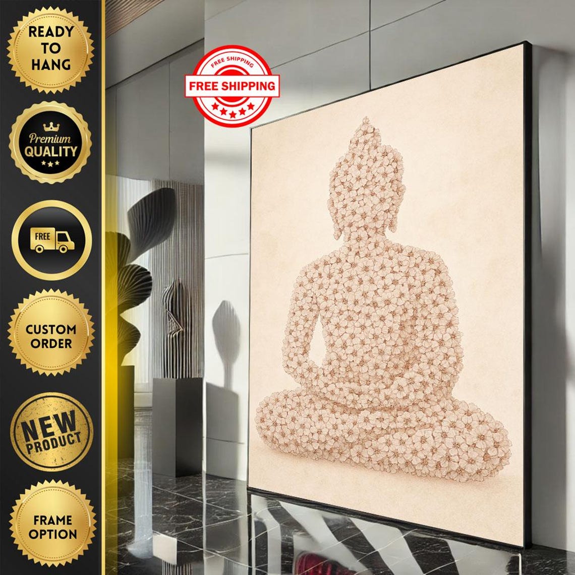 Serene Buddha Made Of White Blossom Flowers Minimalist Zen Wall Art