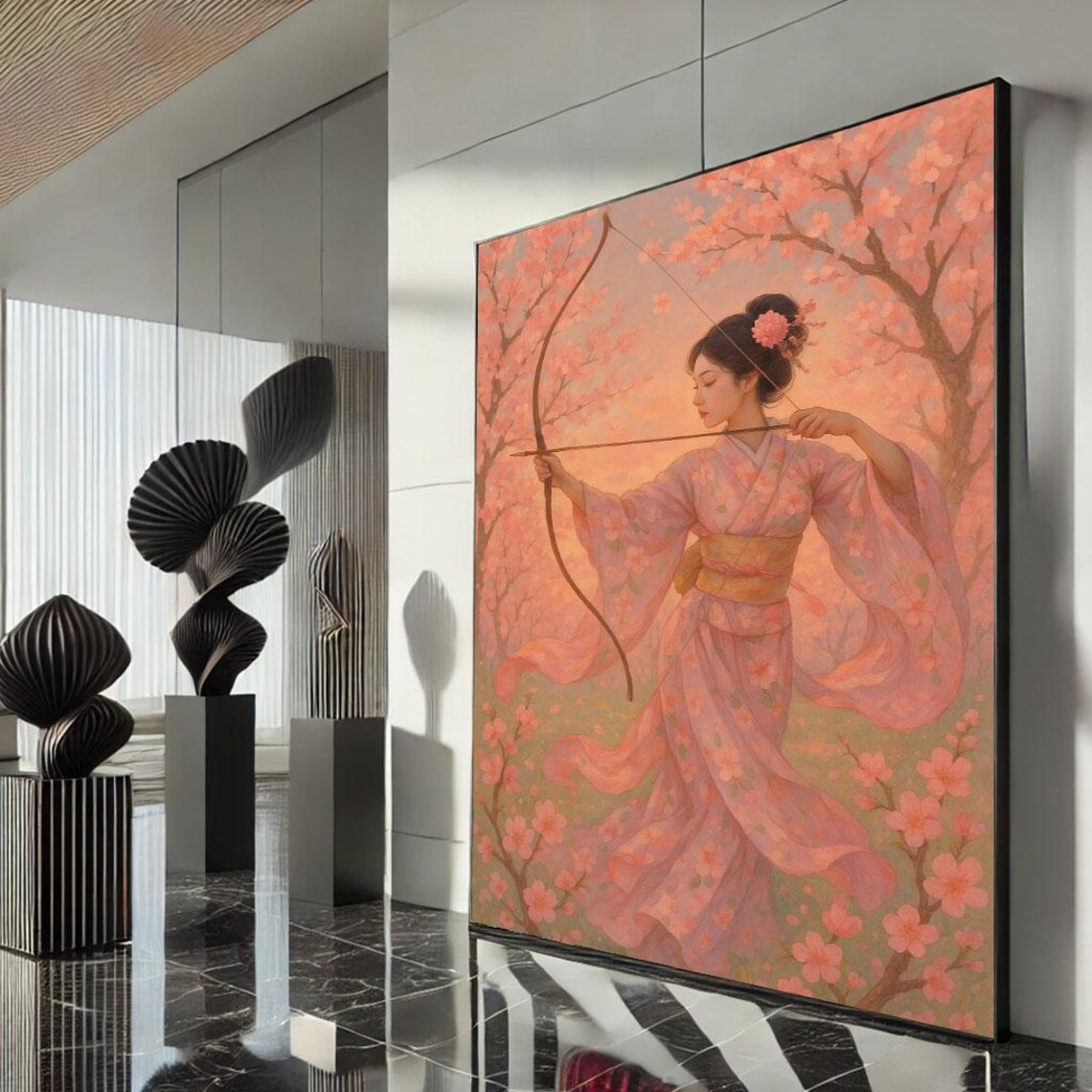 Japanese Archer Woman Pink Kimono Cherry Blossom Bow Archery Poster