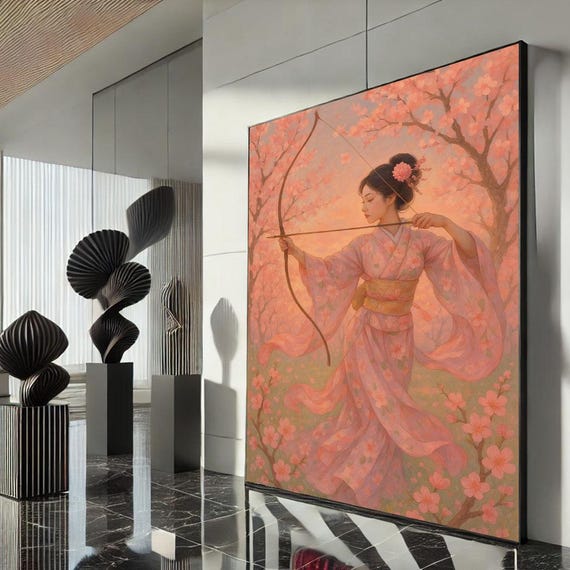 Elegant Japanese Archer Canvas Wall Art Print Pink And Peach Living Room Decor Statement Piece