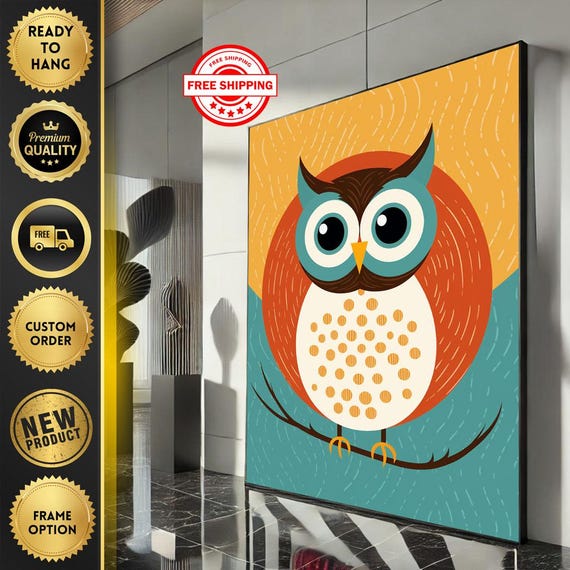 Friendly Owl Illustration Canvas Wall Art Print Playful Modern Nursery Decor Ready To Hang