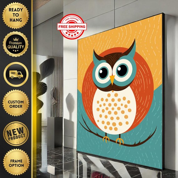 Playful Cartoon Owl On Branch Colorful Mid Century Style Poster