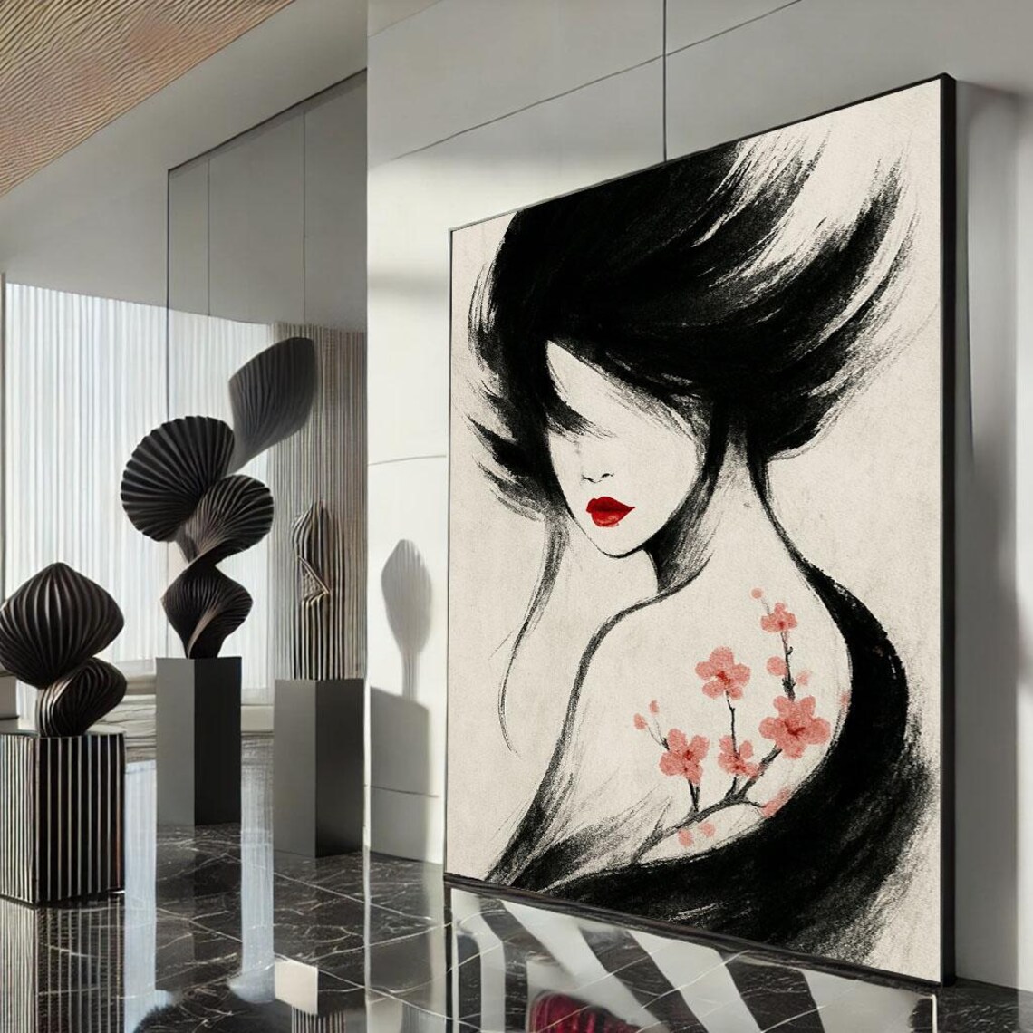Bold Ink Woman Red Lips Cherry Blossom Shoulder Tattoo Poster