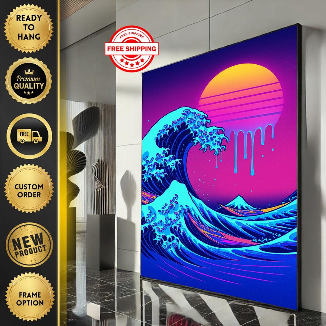Neon Great Wave Japanese Synthwave Sunset Ocean Pop Art Poster