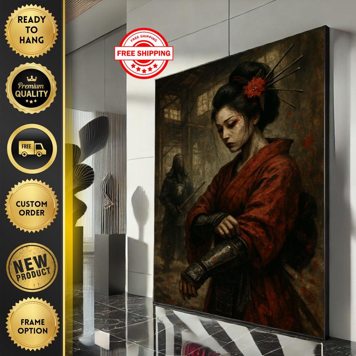Red Kimono Samurai Woman Dark Painterly Japanese Warrior Art Poster
