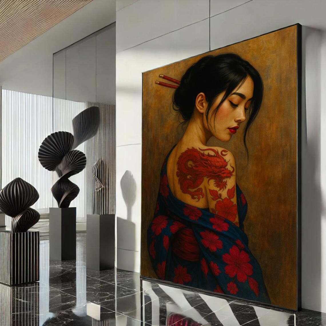 Japanese Woman Red Dragon Tattoo Floral Kimono Beauty Art Poster