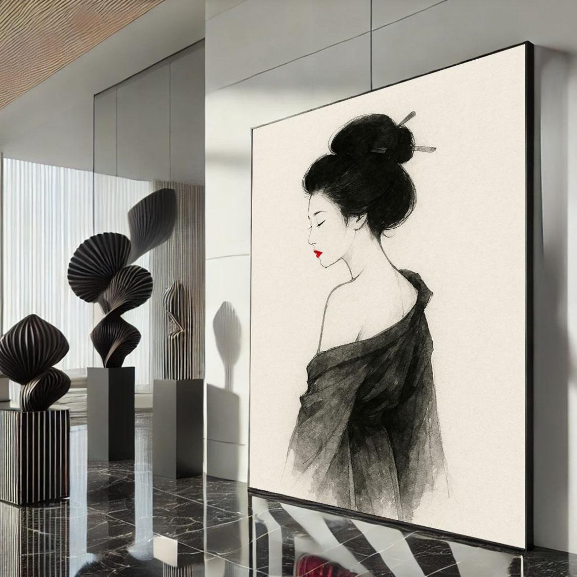 Elegant Asian Woman Portrait Canvas Wall Art Print Minimalist Bedroom Decor Statement Piece