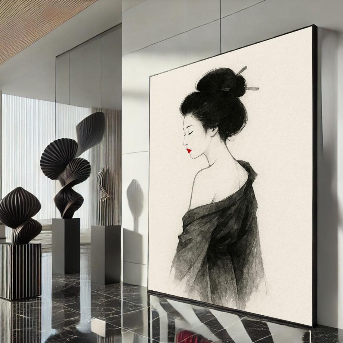 Japanese Woman Ink Portrait Red Lips Elegant Asian Art Poster