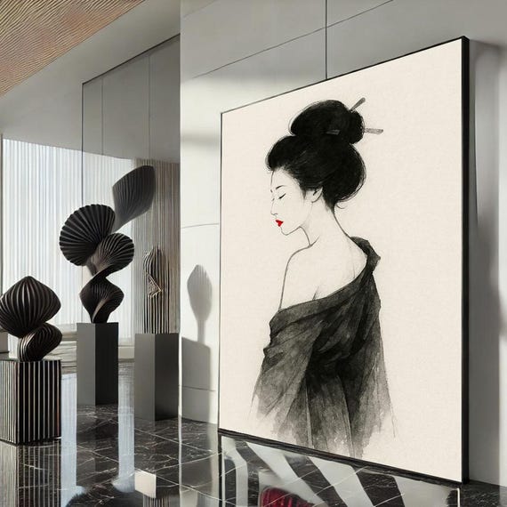 Elegant Asian Woman Portrait Canvas Wall Art Print Minimalist Bedroom Decor Statement Piece