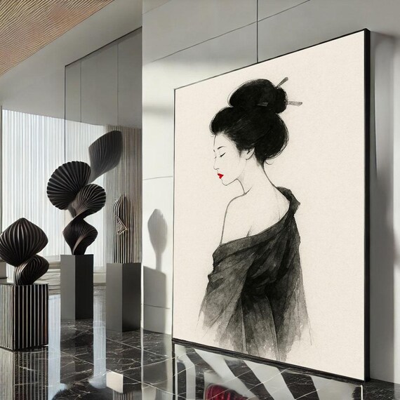 Japanese Woman Ink Portrait Red Lips Elegant Asian Art Poster